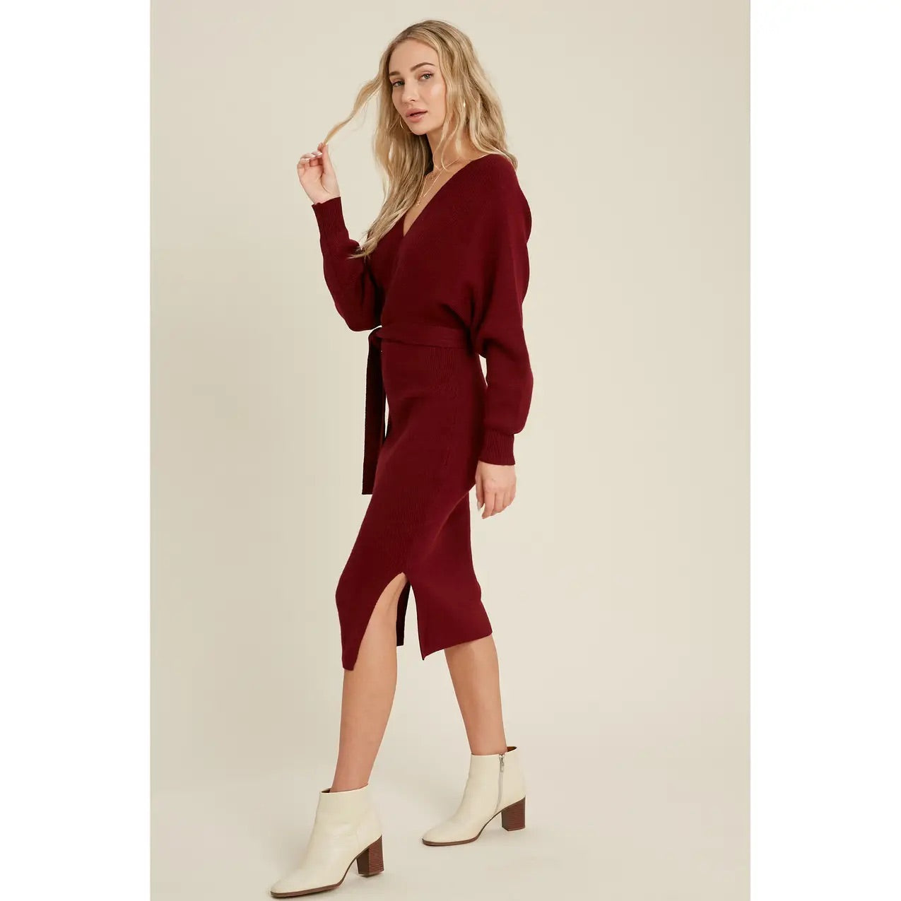 Wine Belted Sweater Dress