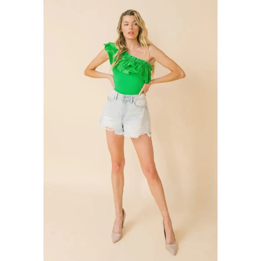 Green Ruffled Flounce One Shoulder Bodysuit