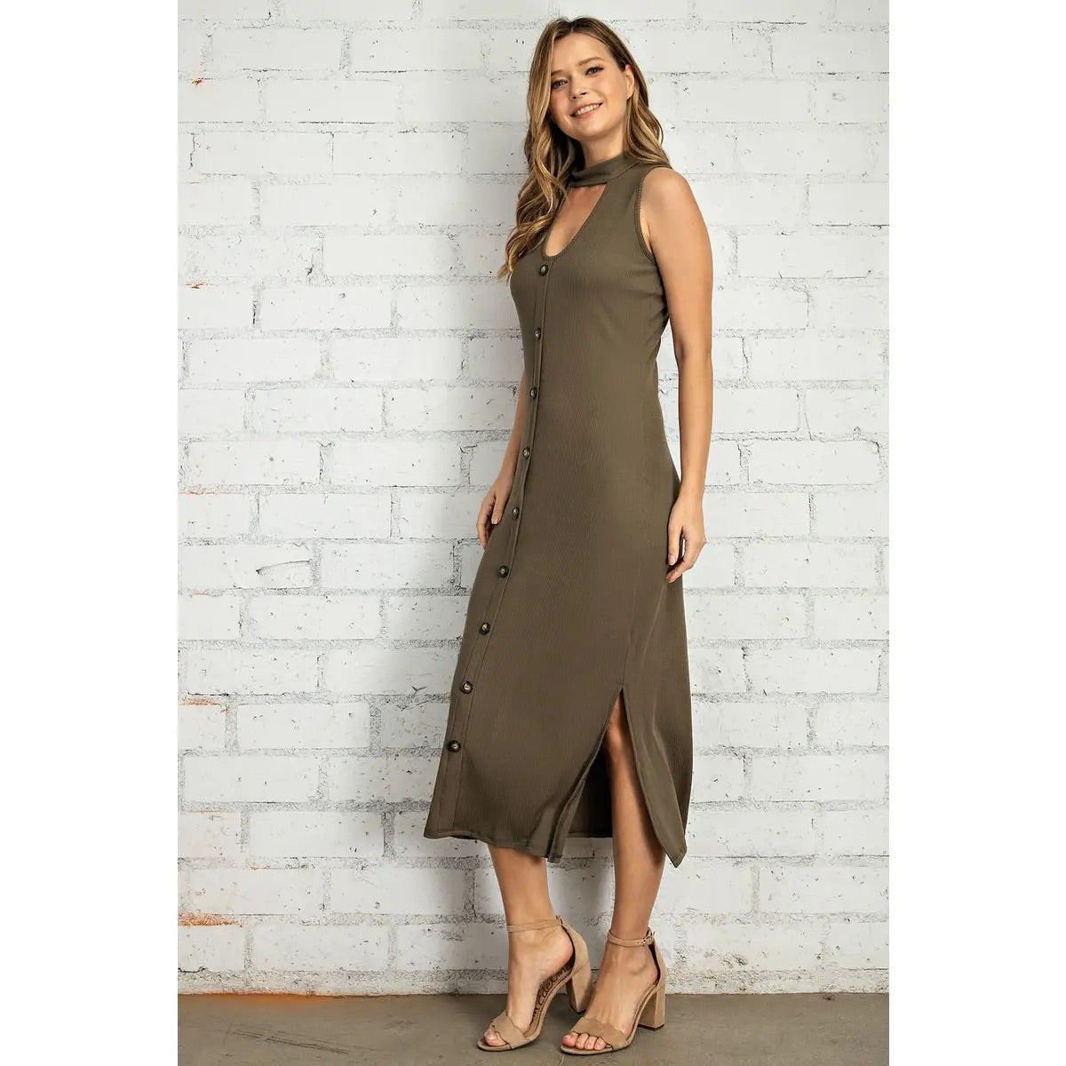 Olive Ribbed Midi Dress