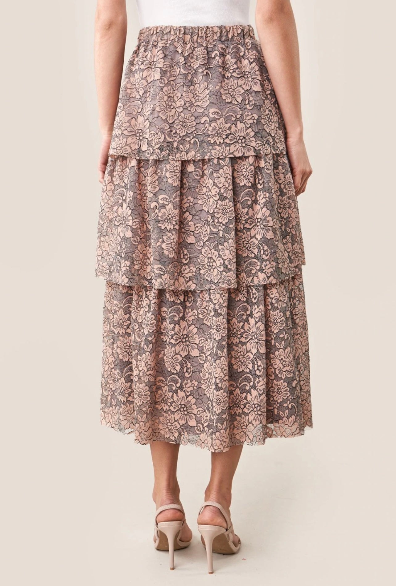Peach Lace Tiered Midi Skirt