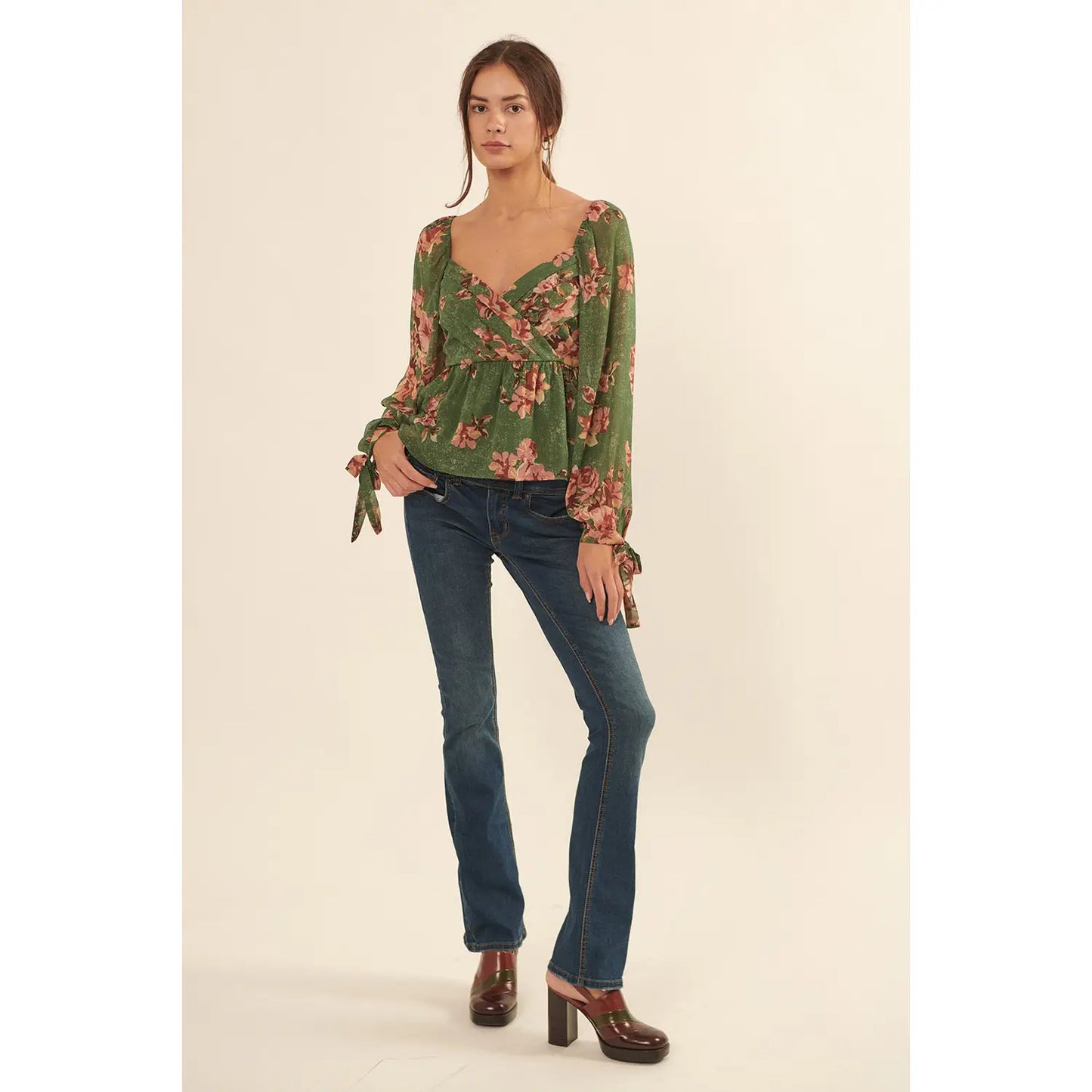 Pleated Floral Chiffon Peplum Top