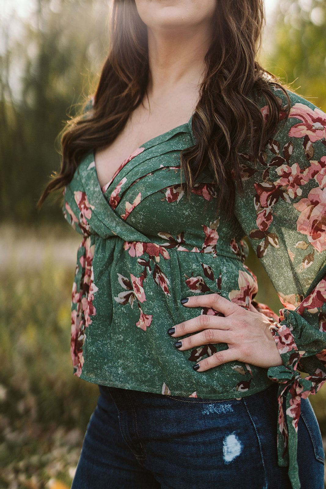 Pleated Floral Chiffon Peplum Top