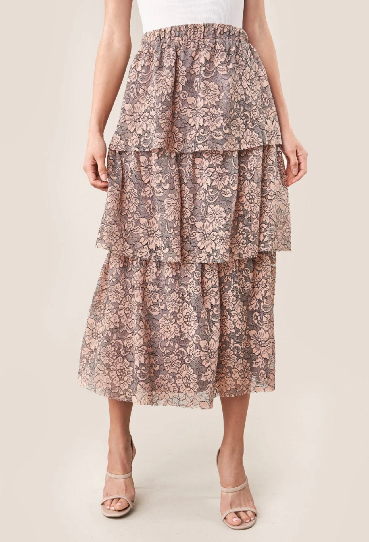 Peach Lace Tiered Midi Skirt