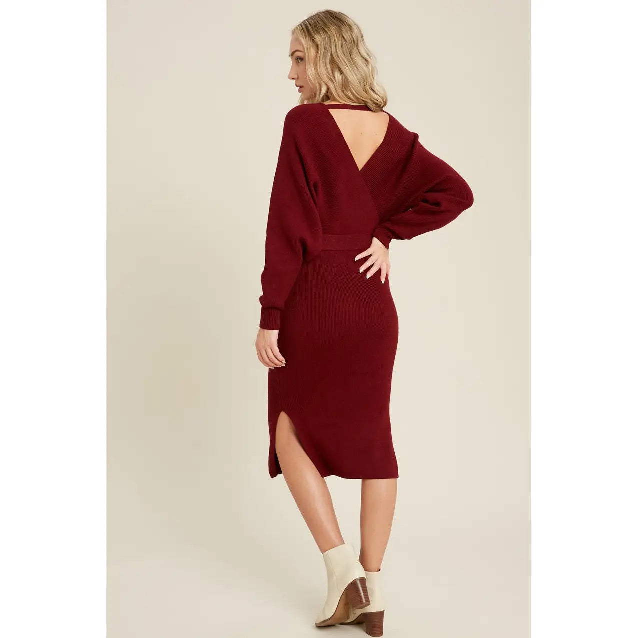 Wine Belted Sweater Dress