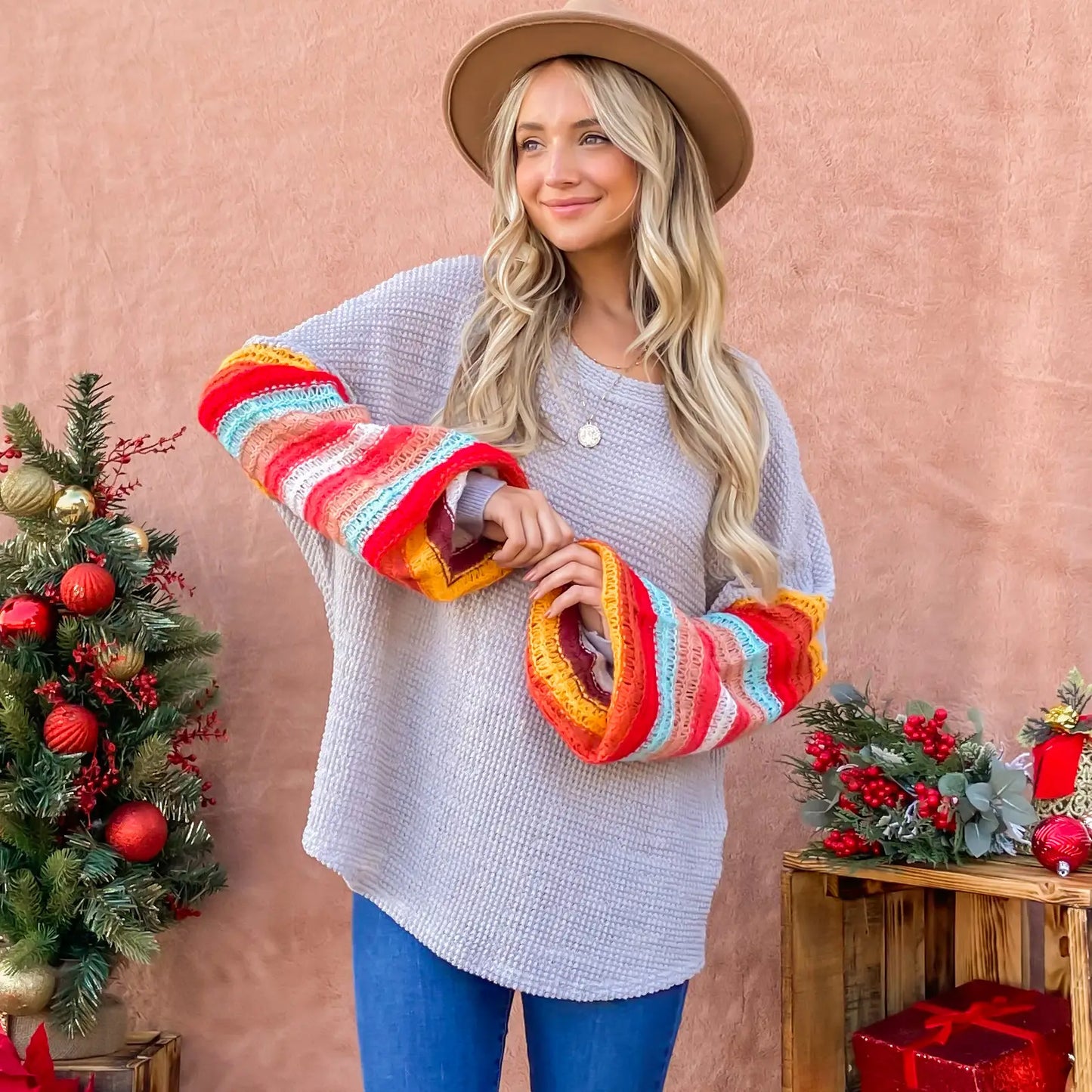 Colorful Striped Balloon Sleeve Sweater