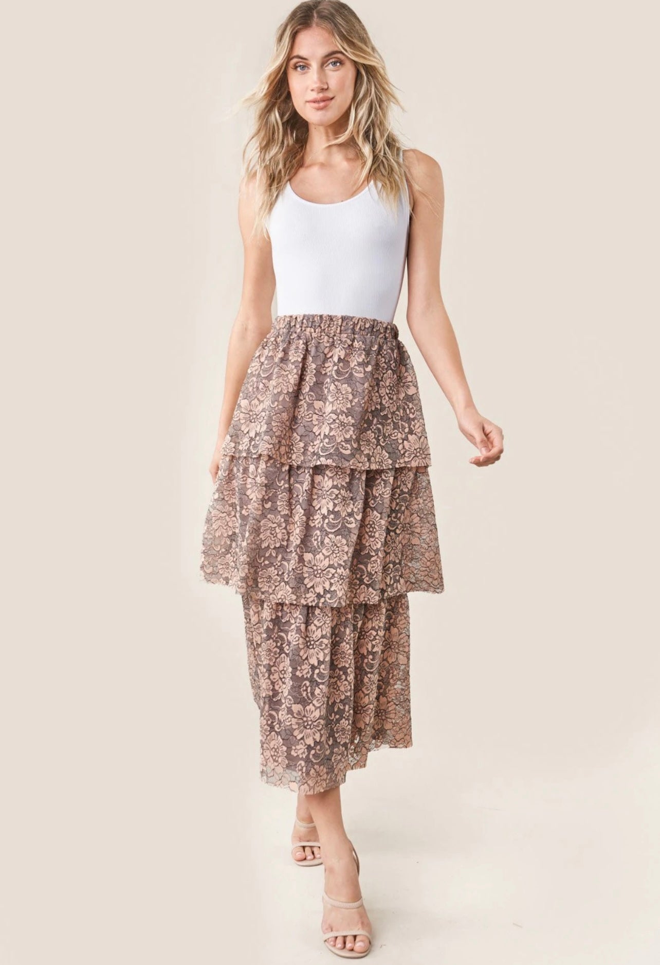 Peach Lace Tiered Midi Skirt