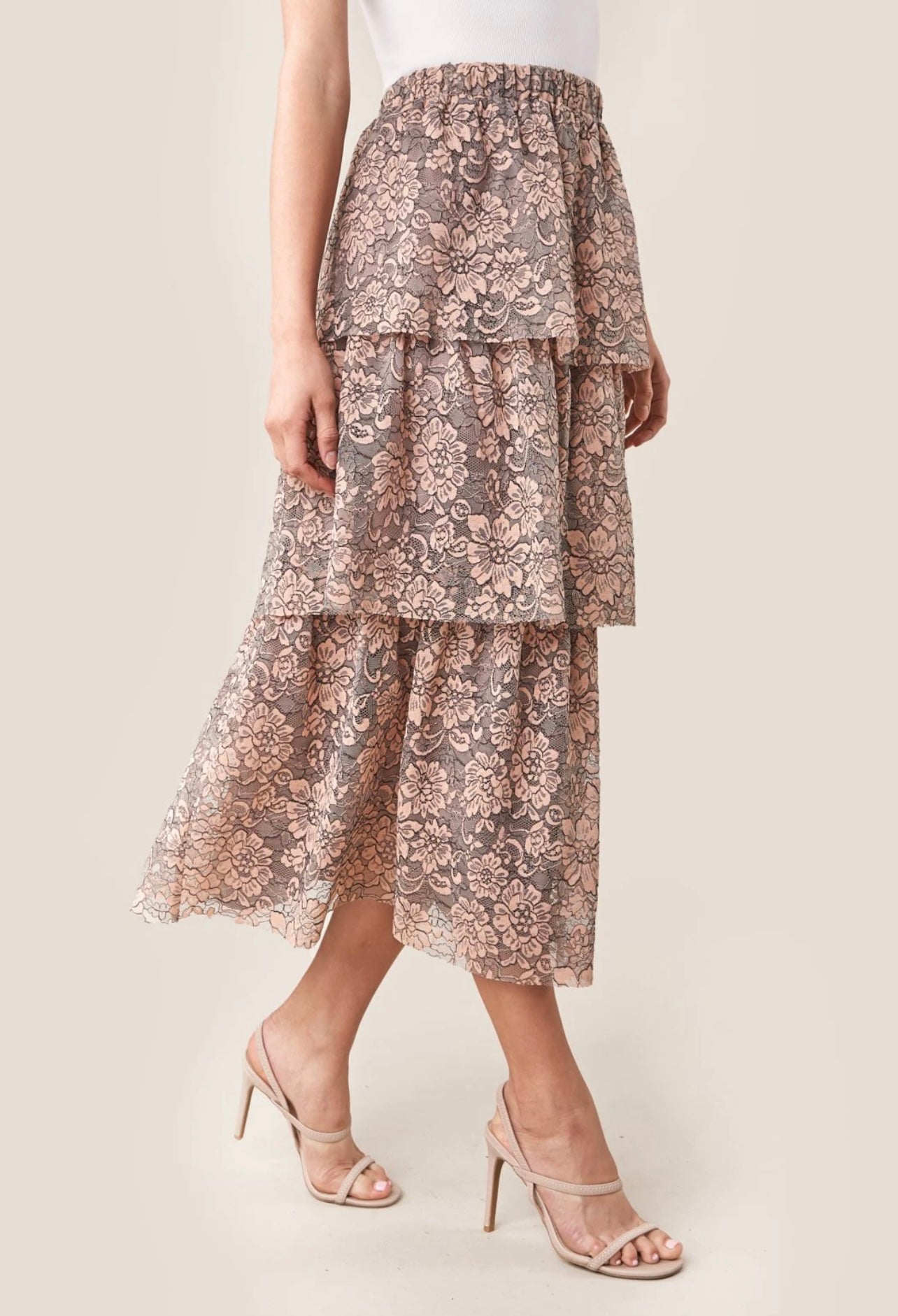 Peach Lace Tiered Midi Skirt