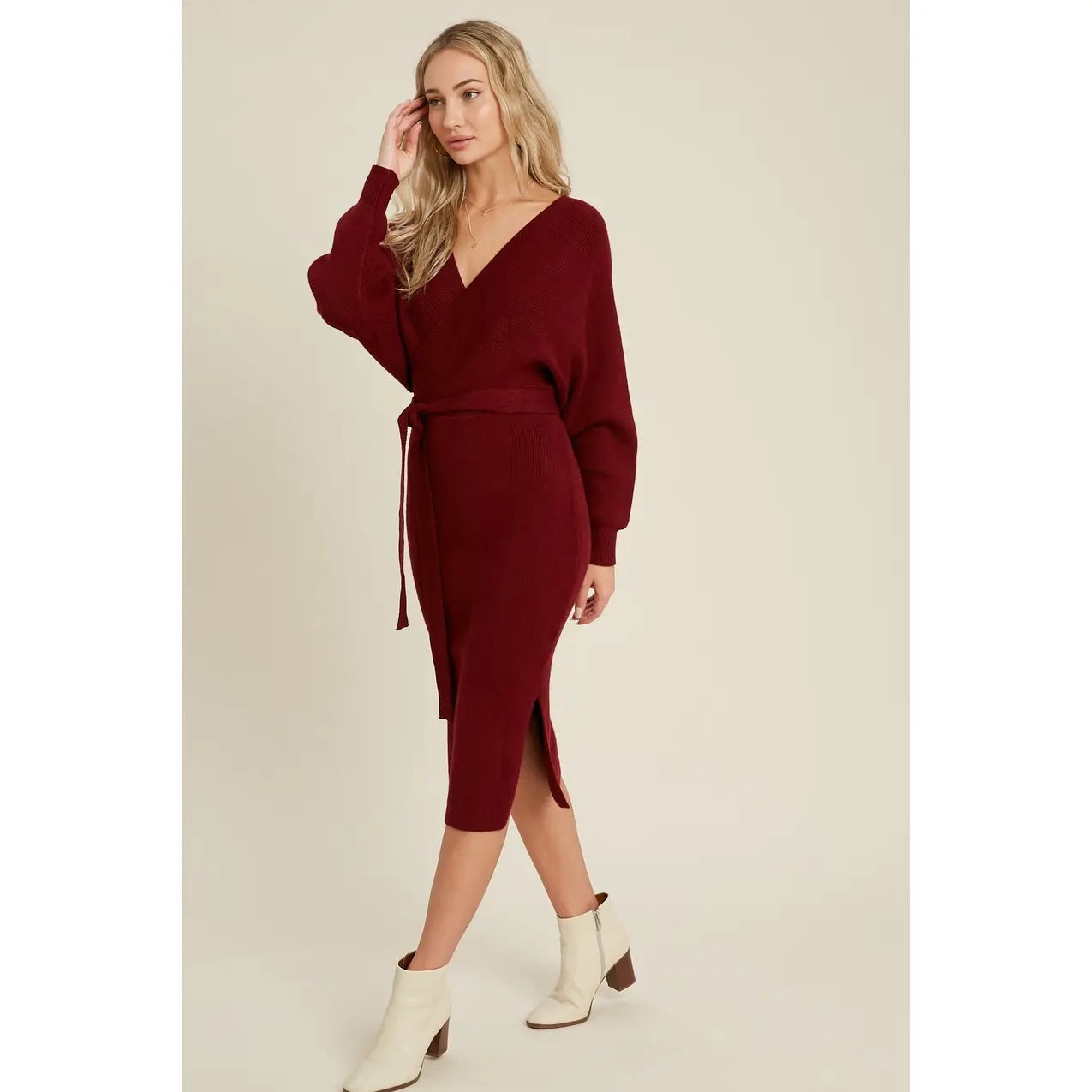 Wine Belted Sweater Dress
