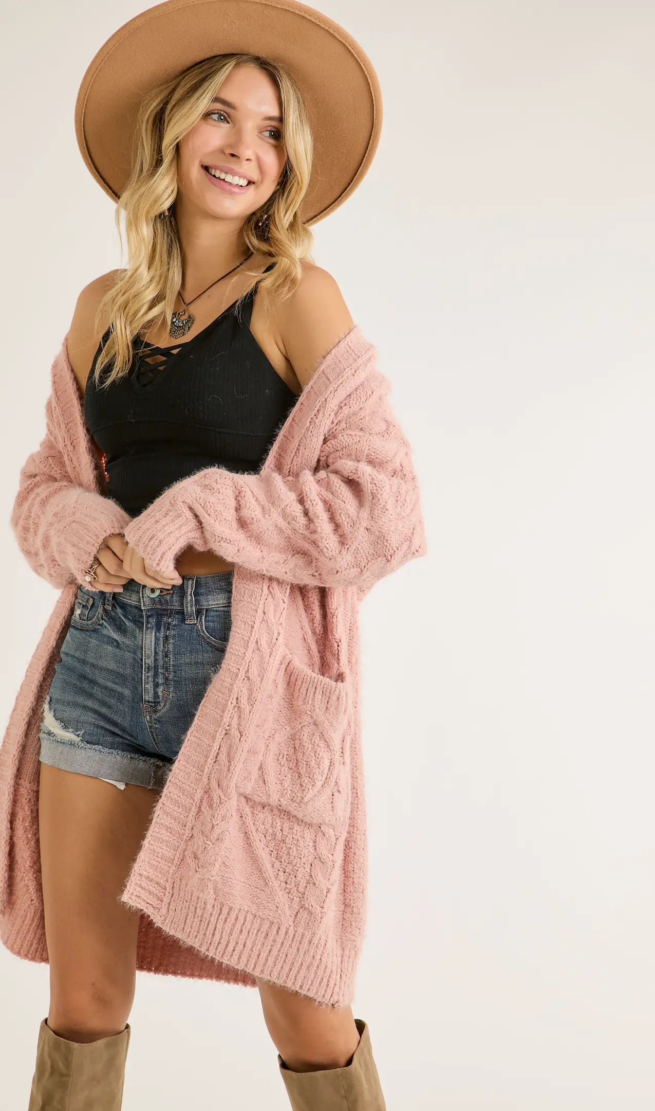 Blush Cable Knit Open Cardigan