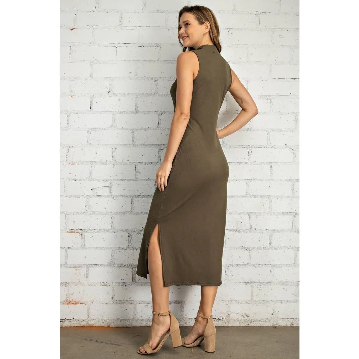 Olive Ribbed Midi Dress