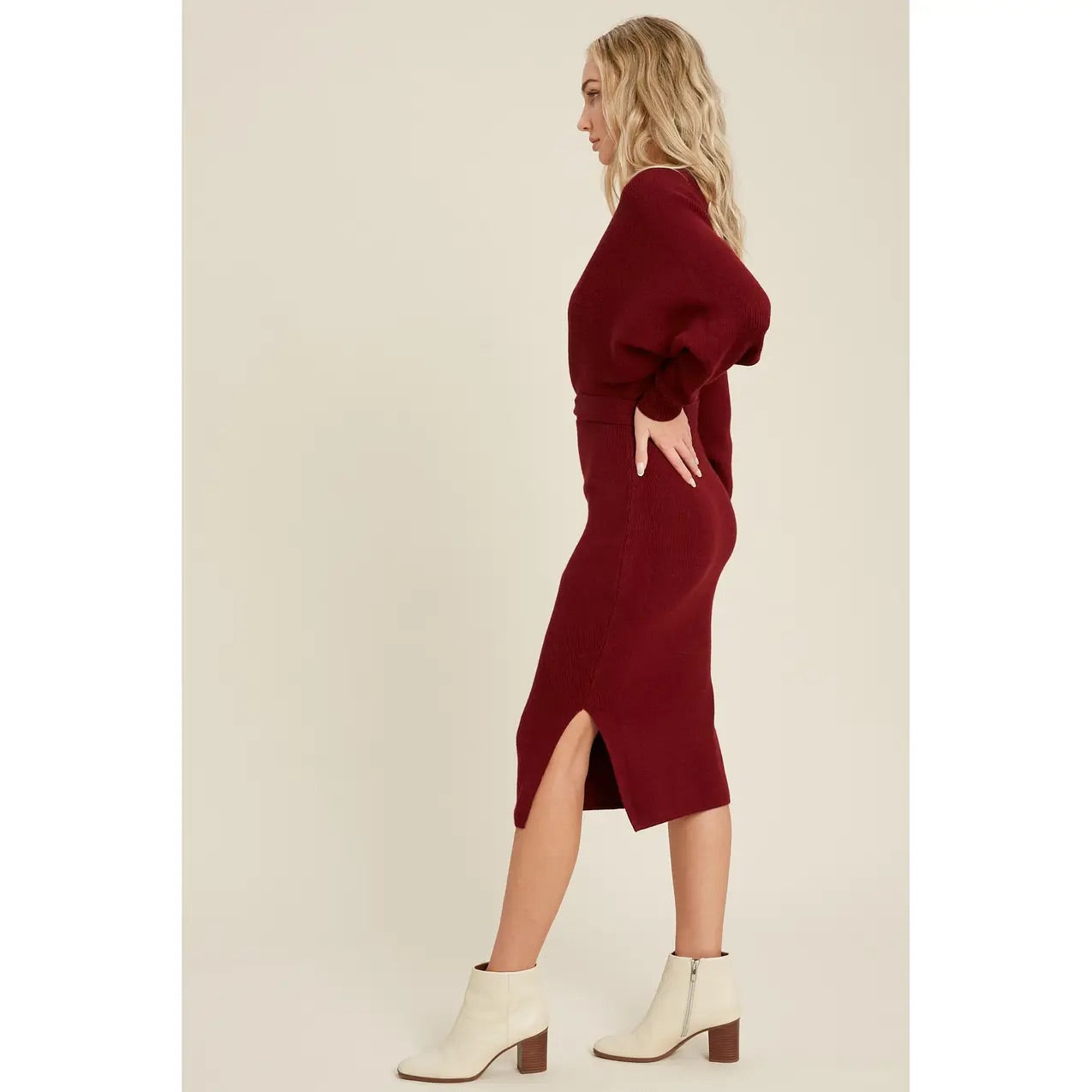 Wine Belted Sweater Dress