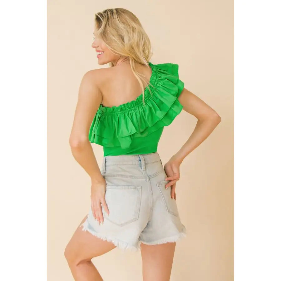 Green Ruffled Flounce One Shoulder Bodysuit