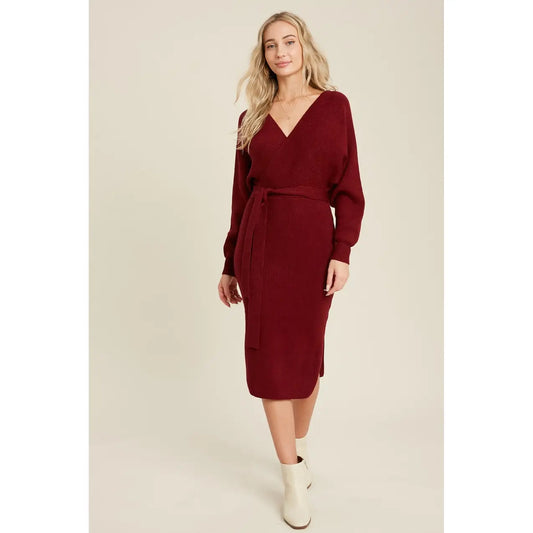 Wine Belted Sweater Dress