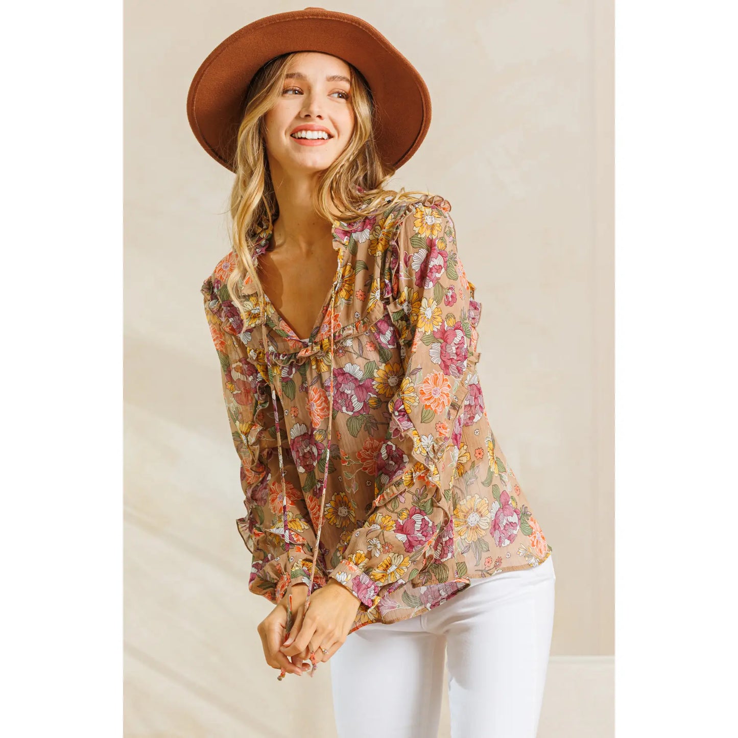 Floral Print Front Tie Blouse