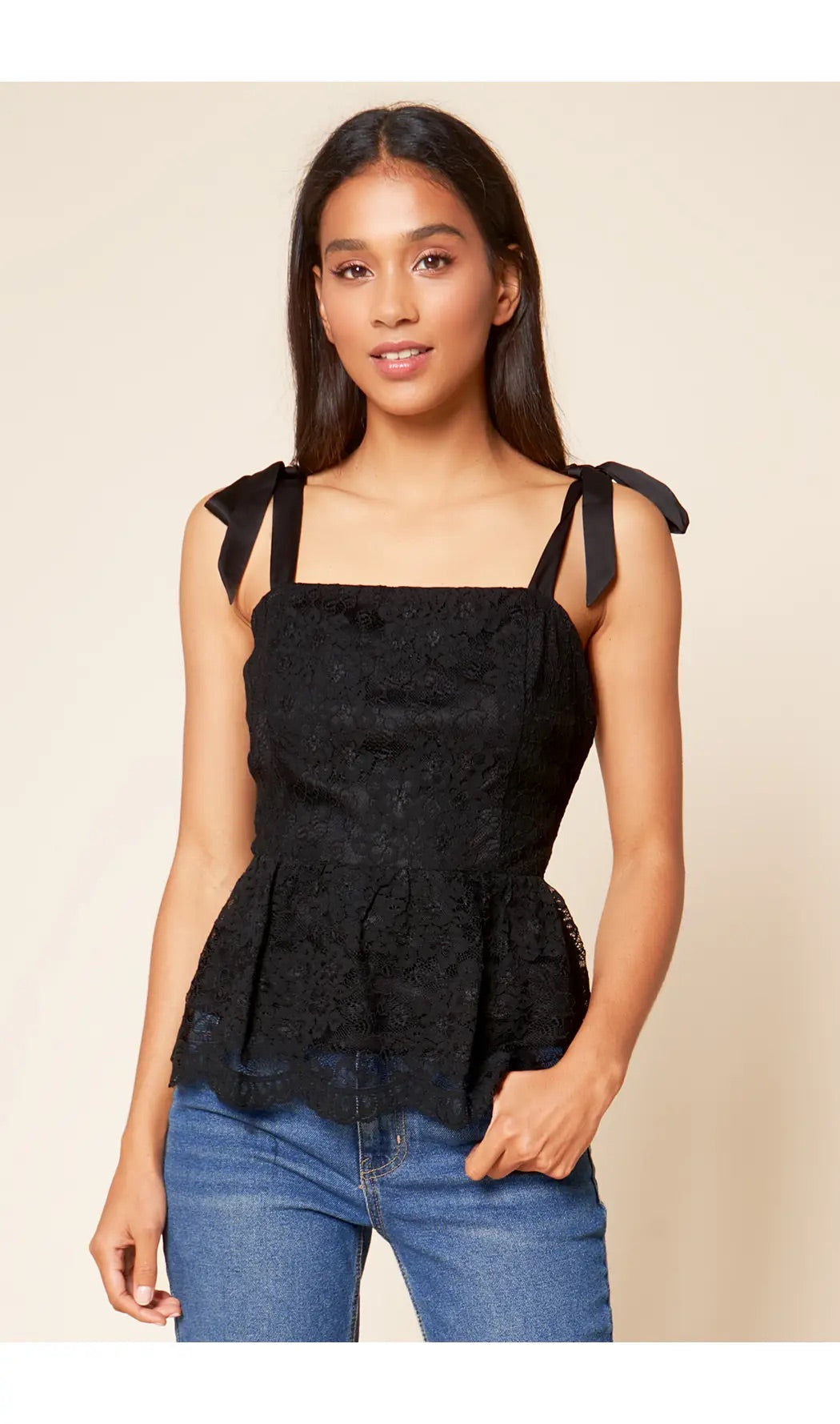 Tie Shoulder Lace Peplum Top