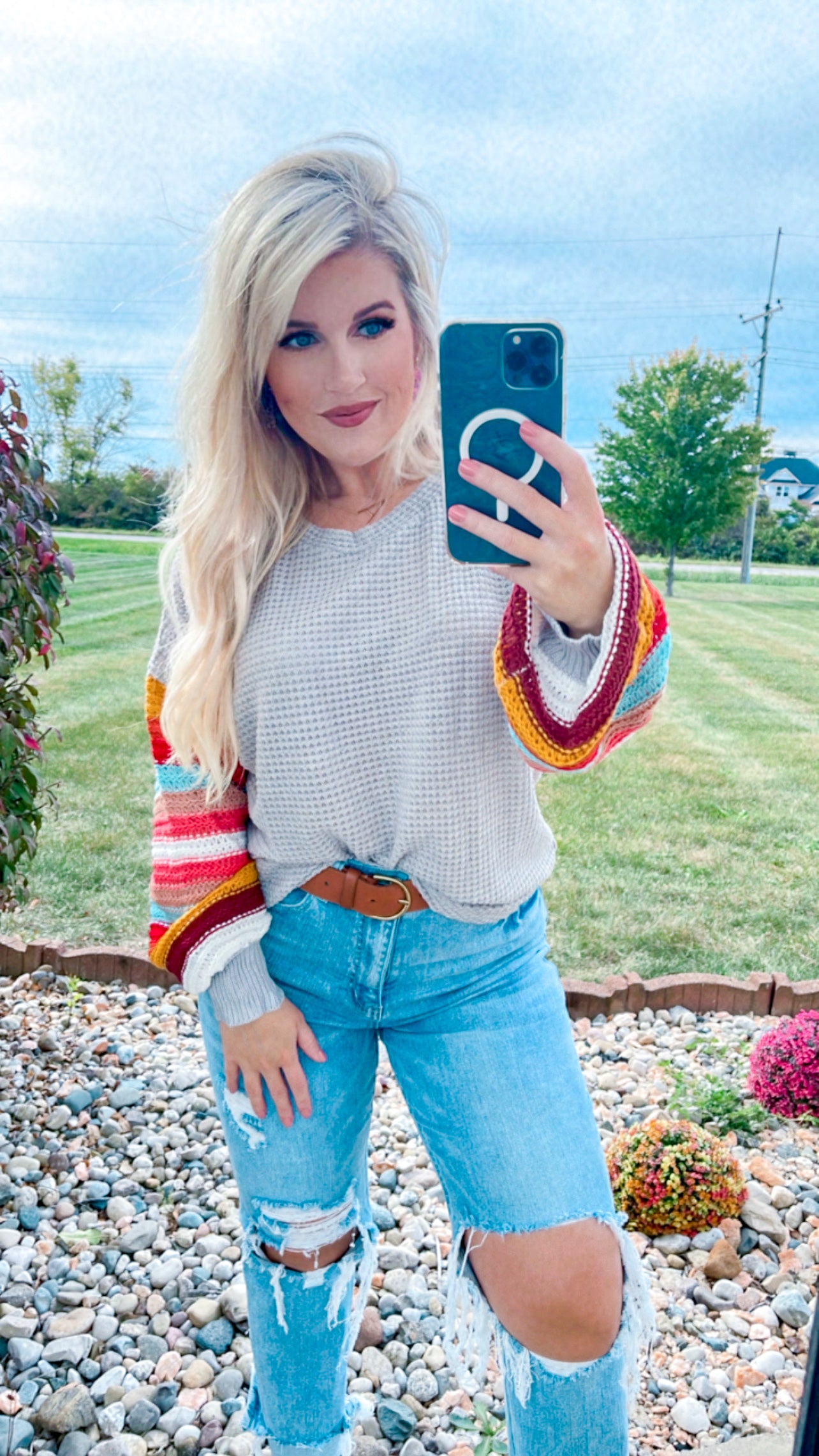Colorful Striped Balloon Sleeve Sweater