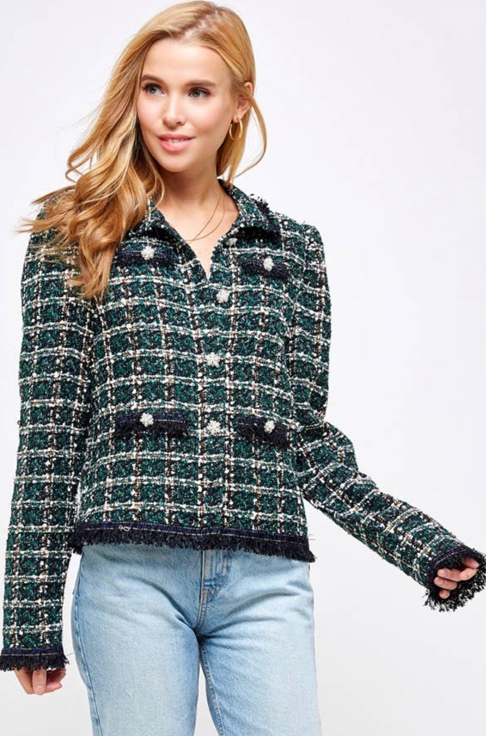 Sequence embellished fringe tweed jacket