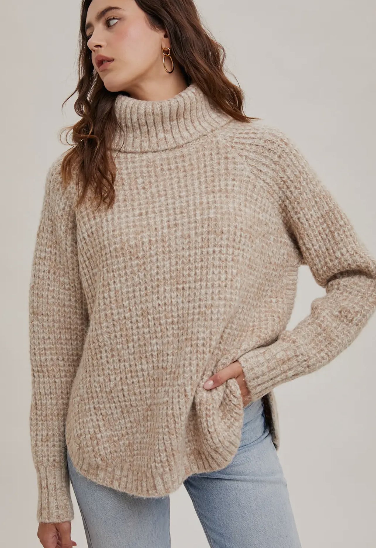 Latte Ribbed Turtleneck Sweater