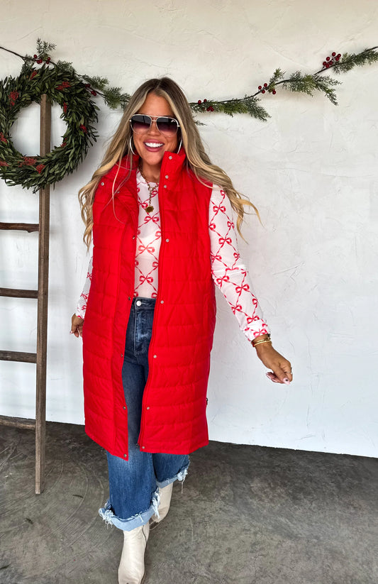 Kendall Long Puffer Vest in Red [[PRE-ORDER]]