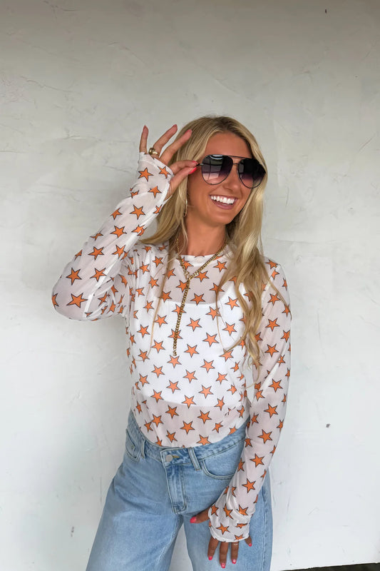 Moon Child Mesh Tops: Orange Stars