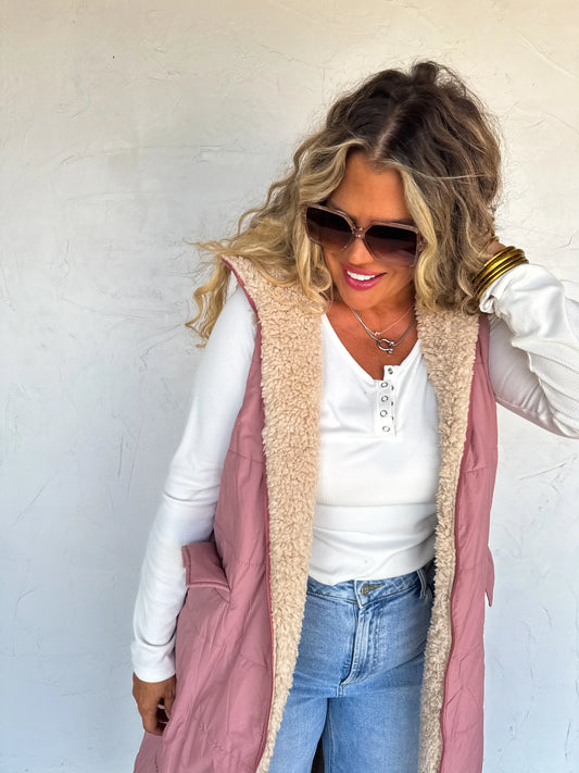 Reversible Sherpa Puffer Vest in Pink [[PRE-ORDER]]