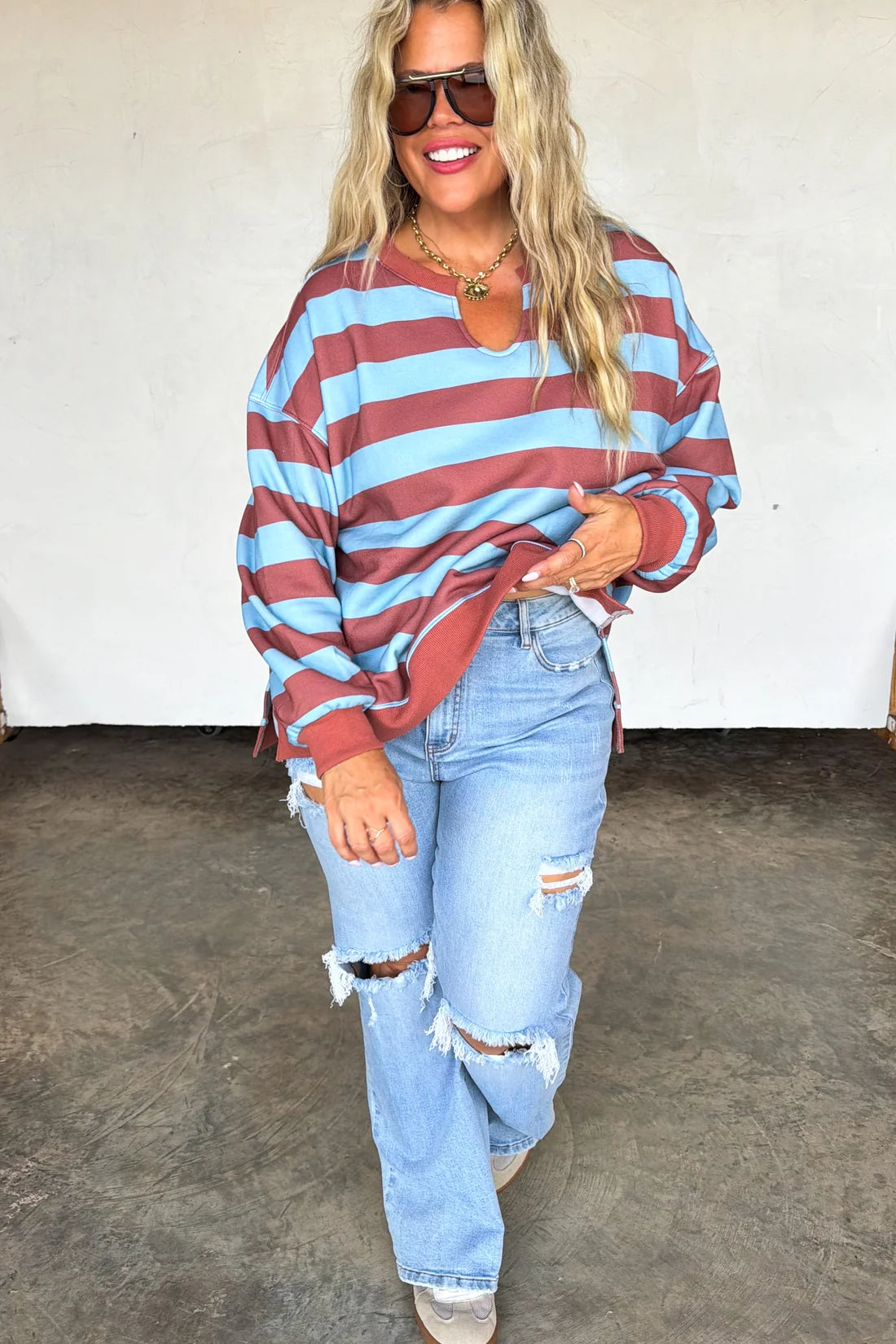 Lived In Oversized Pullover in Rust/Blue