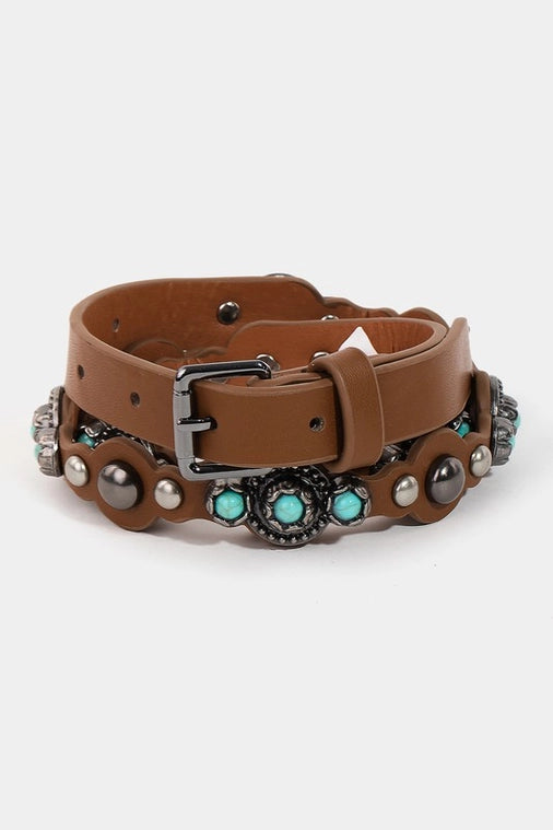 The West Turquoise Metallic Studded Brown Belt