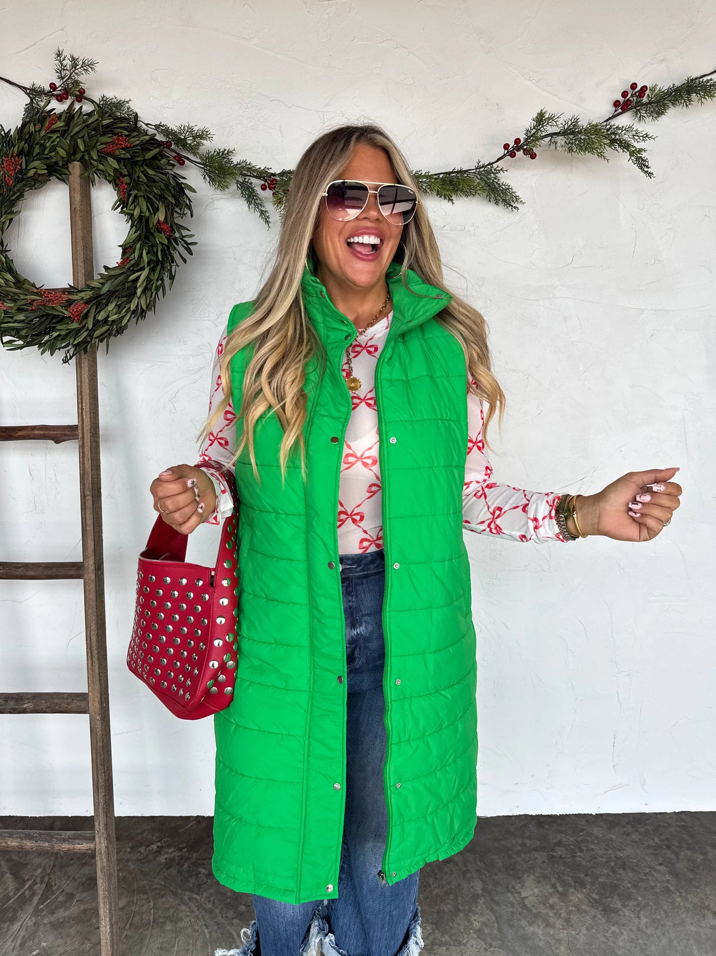 Kendall Long Puffer Vest in Green [[PRE-ORDER]]