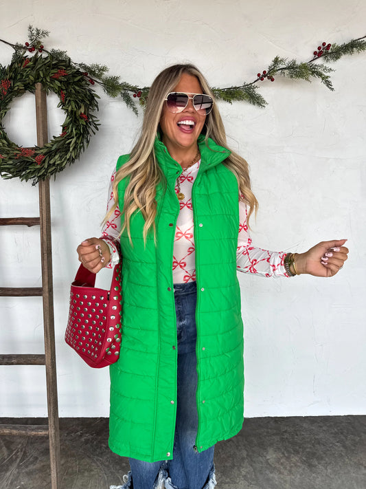 Kendall Long Puffer Vest in Green [[PRE-ORDER]]