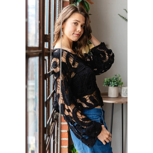 Crochet Lace Knit Top in Black