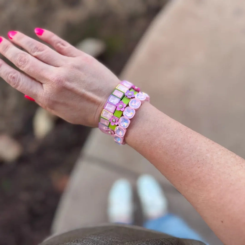 Poppy Pink & Green Flowers + Pearl Bracelet