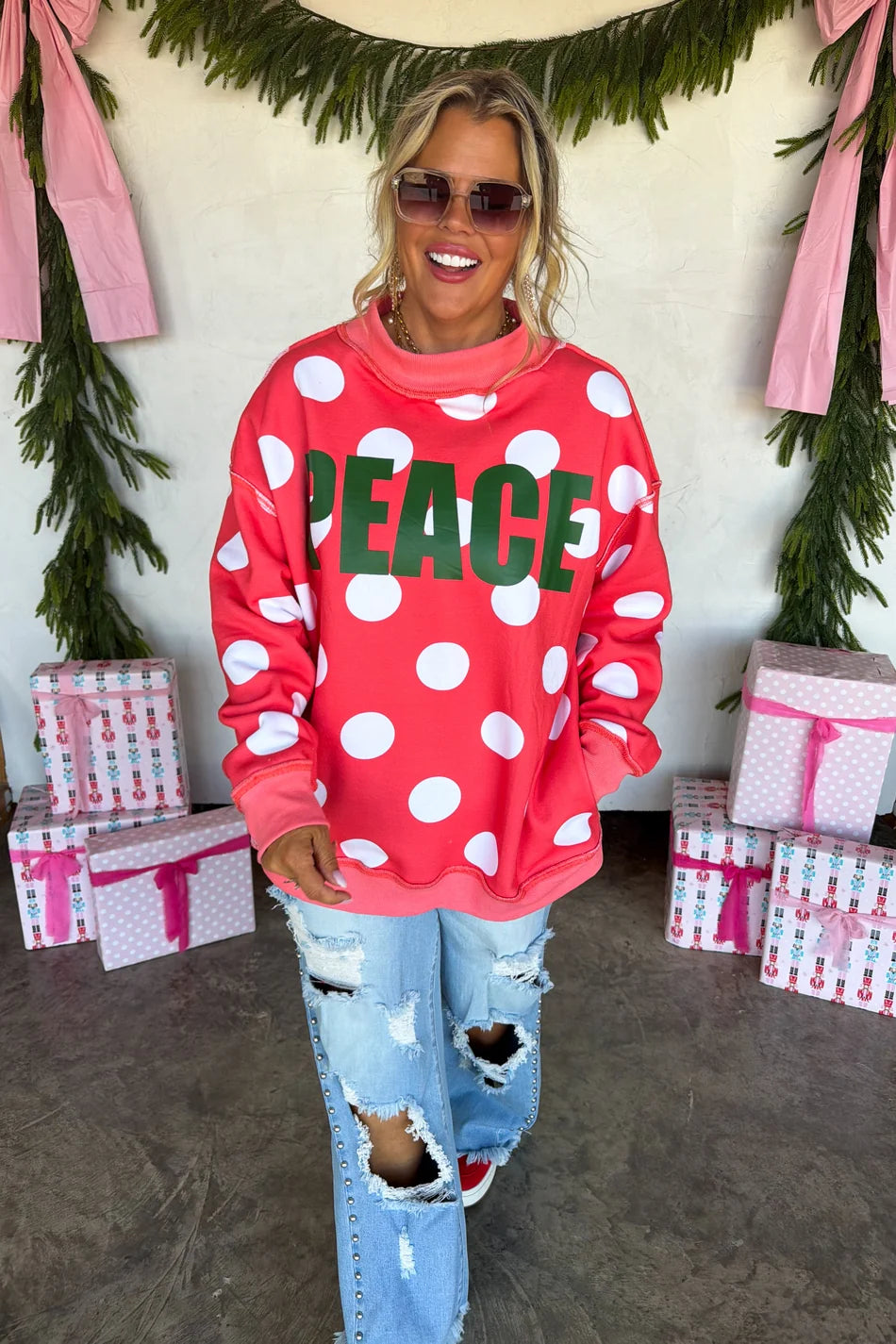 PEACE Mock Neck in Red