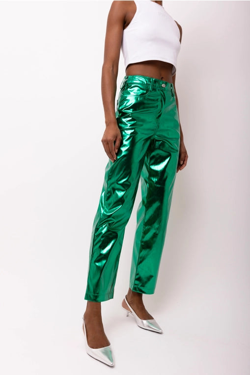 Forest Green Faux Leather Metallic Pants