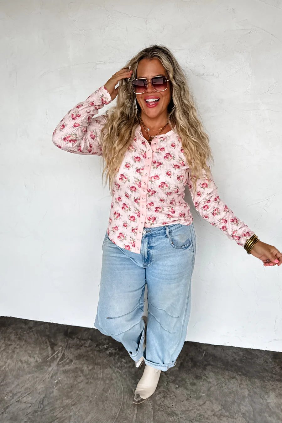 Kori Snap Button Waffle Top in Pink Floral [[PRE-ORDER]]