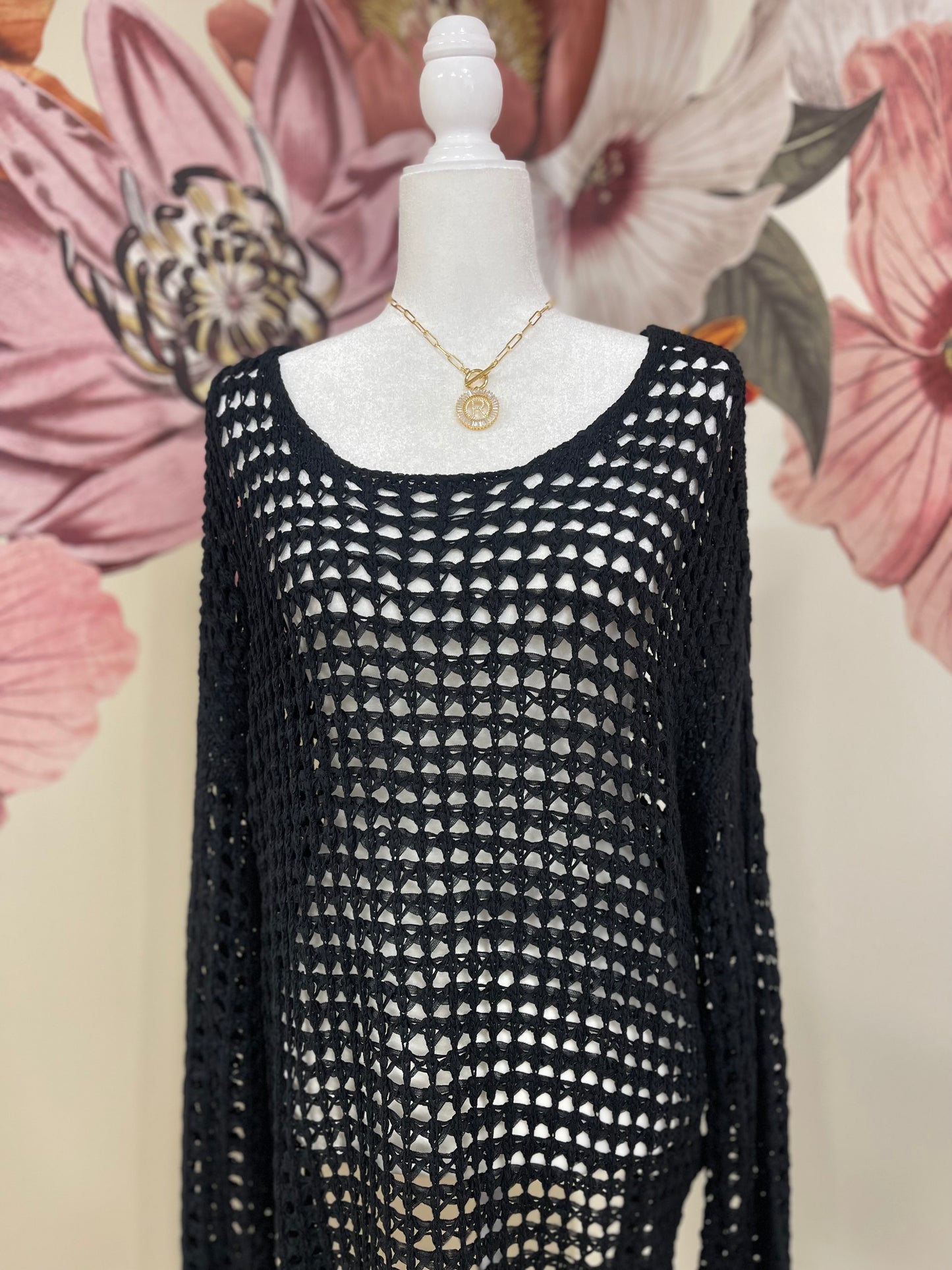 Sheer Crochet Pullover in Black