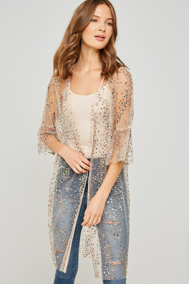 Sheer Glitter Sequin Kimono