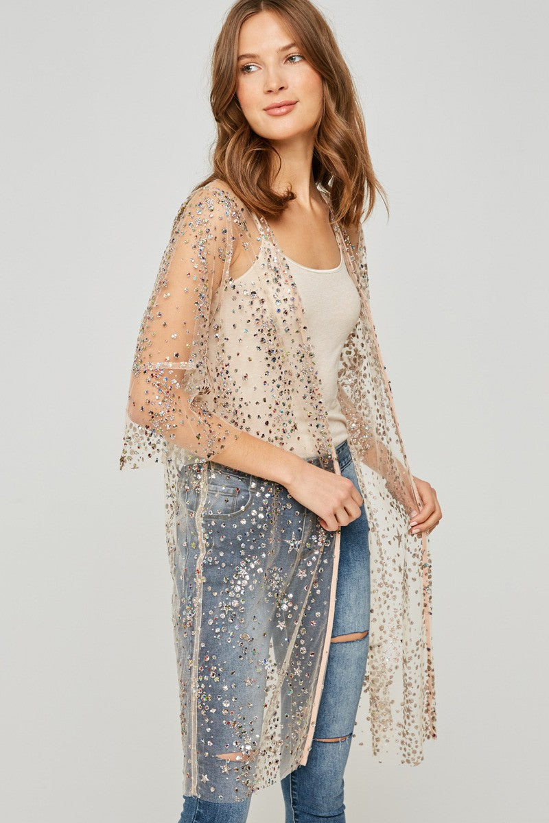 Sheer Glitter Sequin Kimono