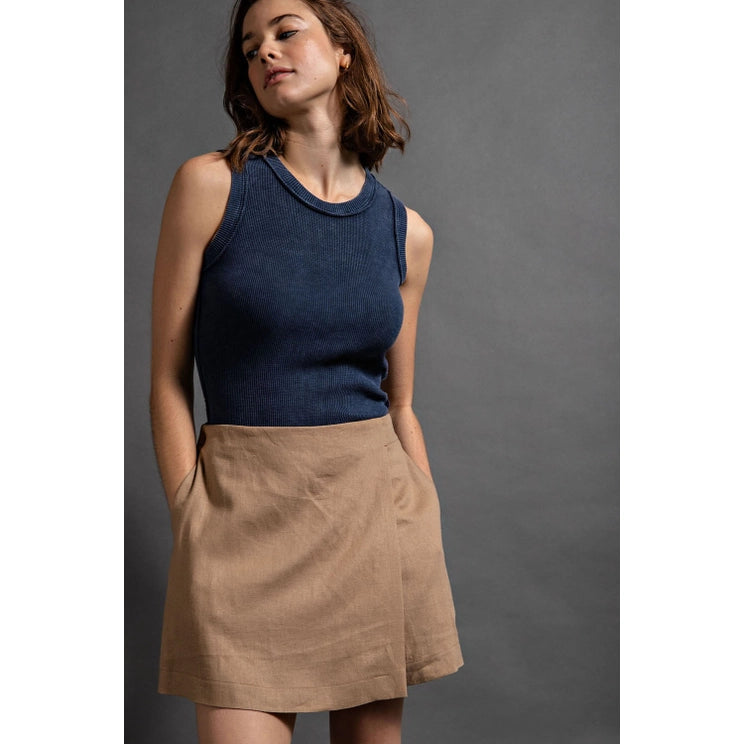 Linen Wrap Skort in Camel