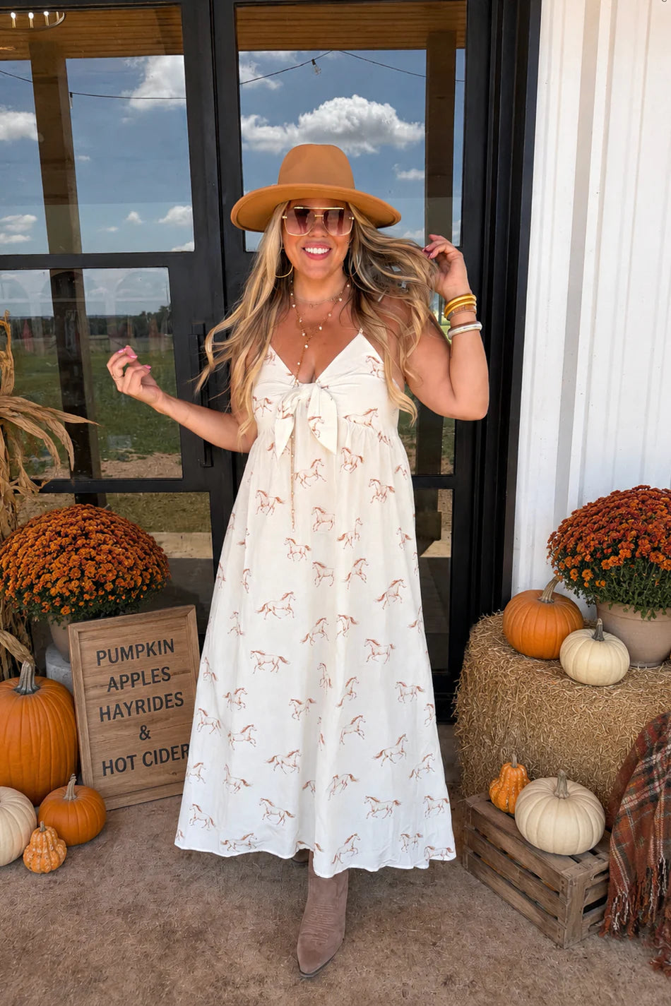 Western Charm Maxi Dress - Cream Horses