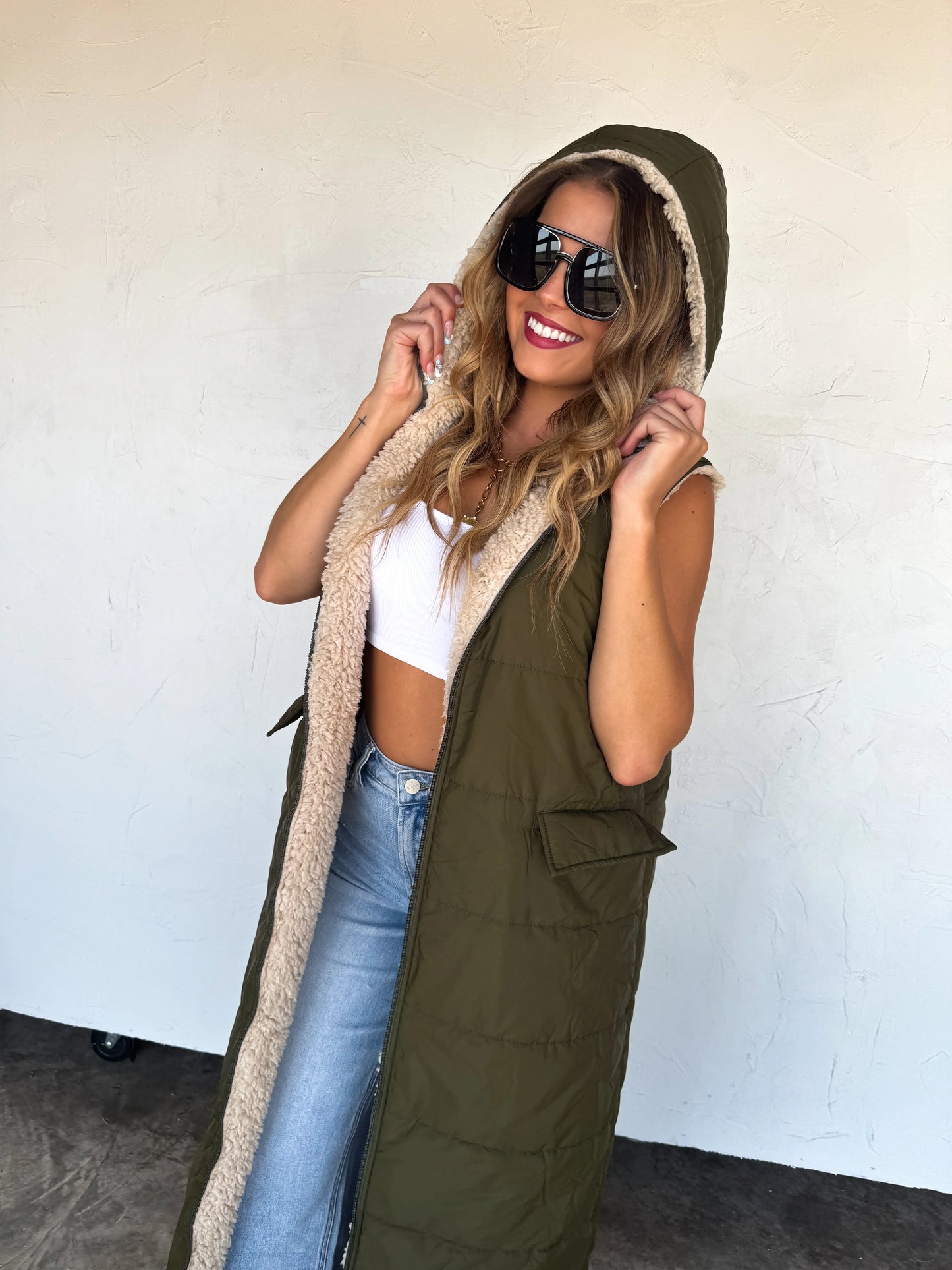 Reversible Sherpa Puffer Vest in Olive [[PRE-ORDER]]