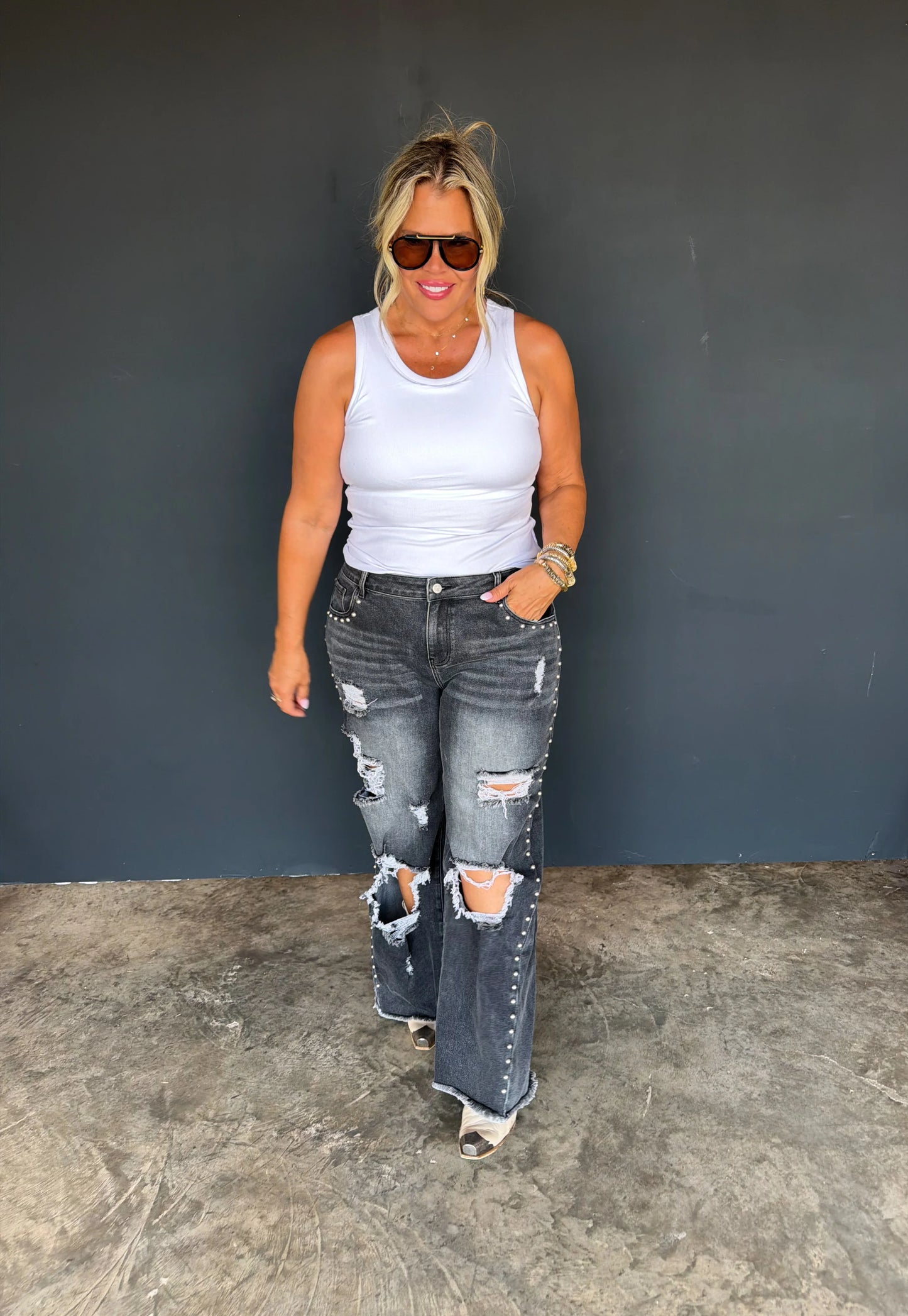 off the grid studded jeans denim black distressed