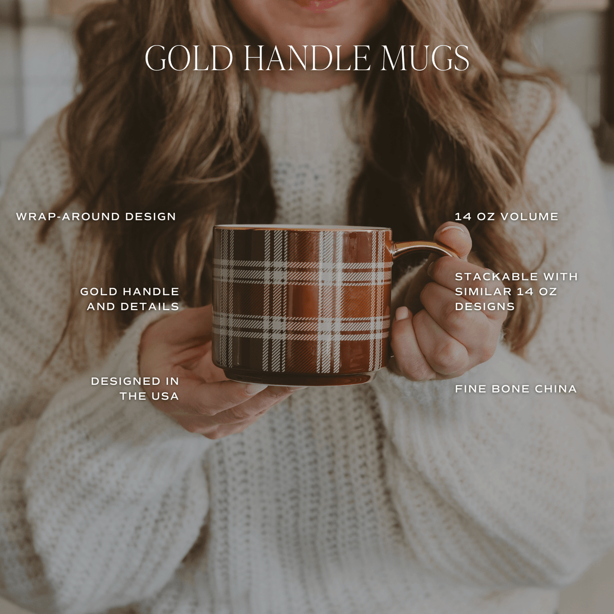 Orange Navy Plaid 14 oz Gold Handle Coffee Mug