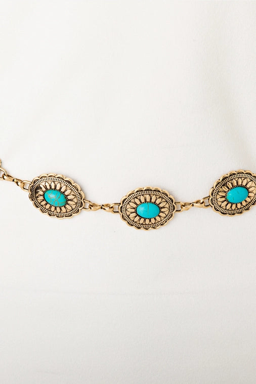 The West Floral Turquoise Concho Gold Disc Chain Belt