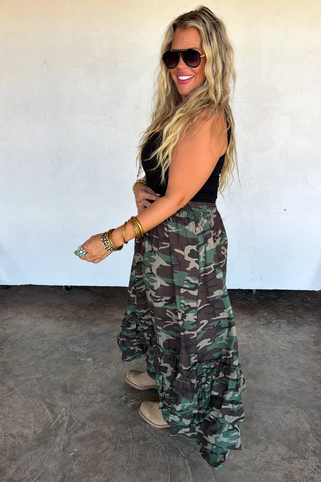 hidden gem camo maxi skirt