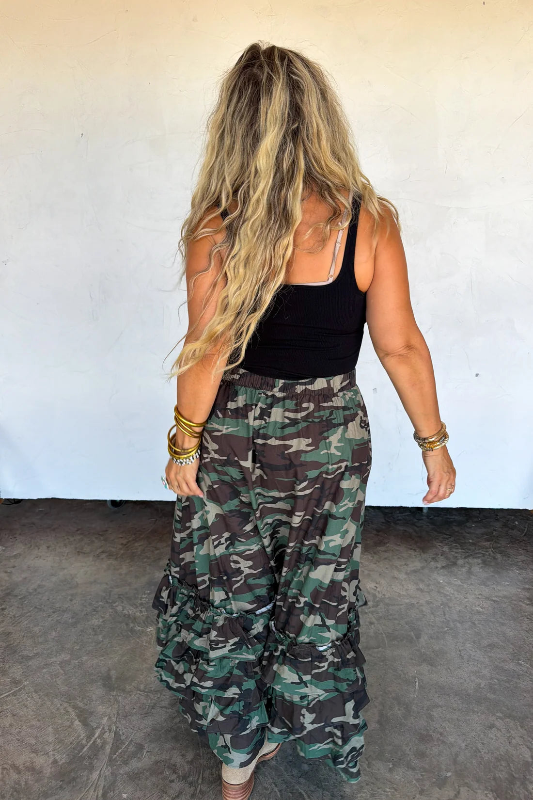 hidden gem camo maxi skirt