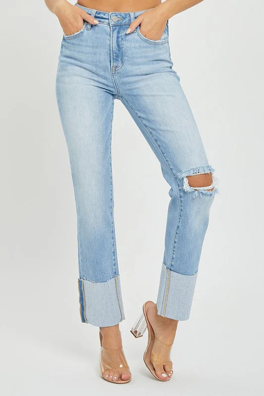 Light Wash High Rise Wide Cuffed Straight Jeans