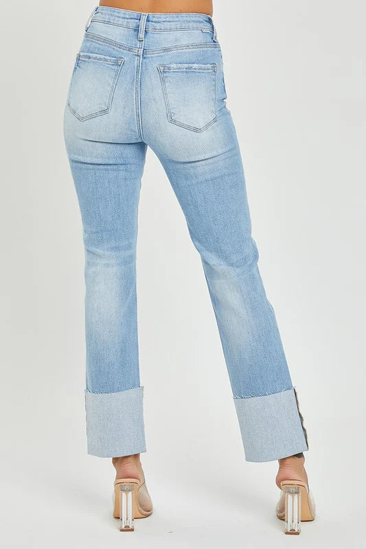 Light Wash High Rise Wide Cuffed Straight Jeans