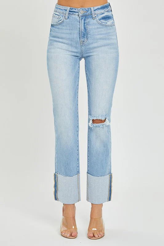 Light Wash High Rise Wide Cuffed Straight Jeans