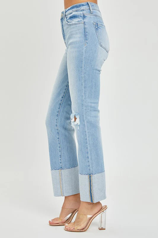 Light Wash High Rise Wide Cuffed Straight Jeans