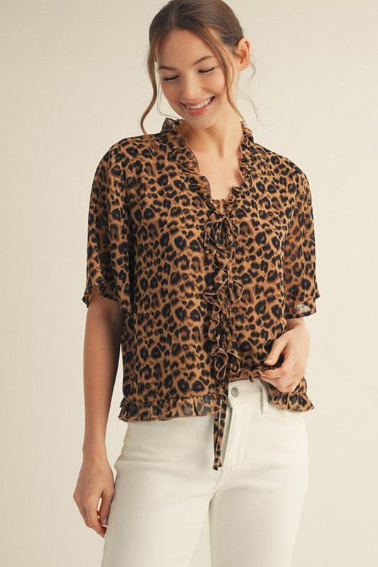 Front Tie Ruffled Leopard Top